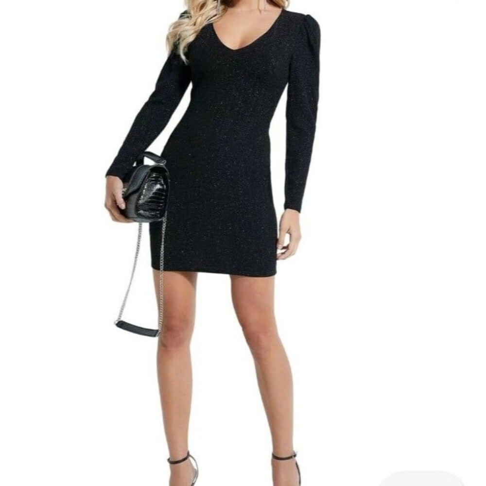 GUESS Cardi Metallic Puff Sleeve Dress Color-Black Size XS